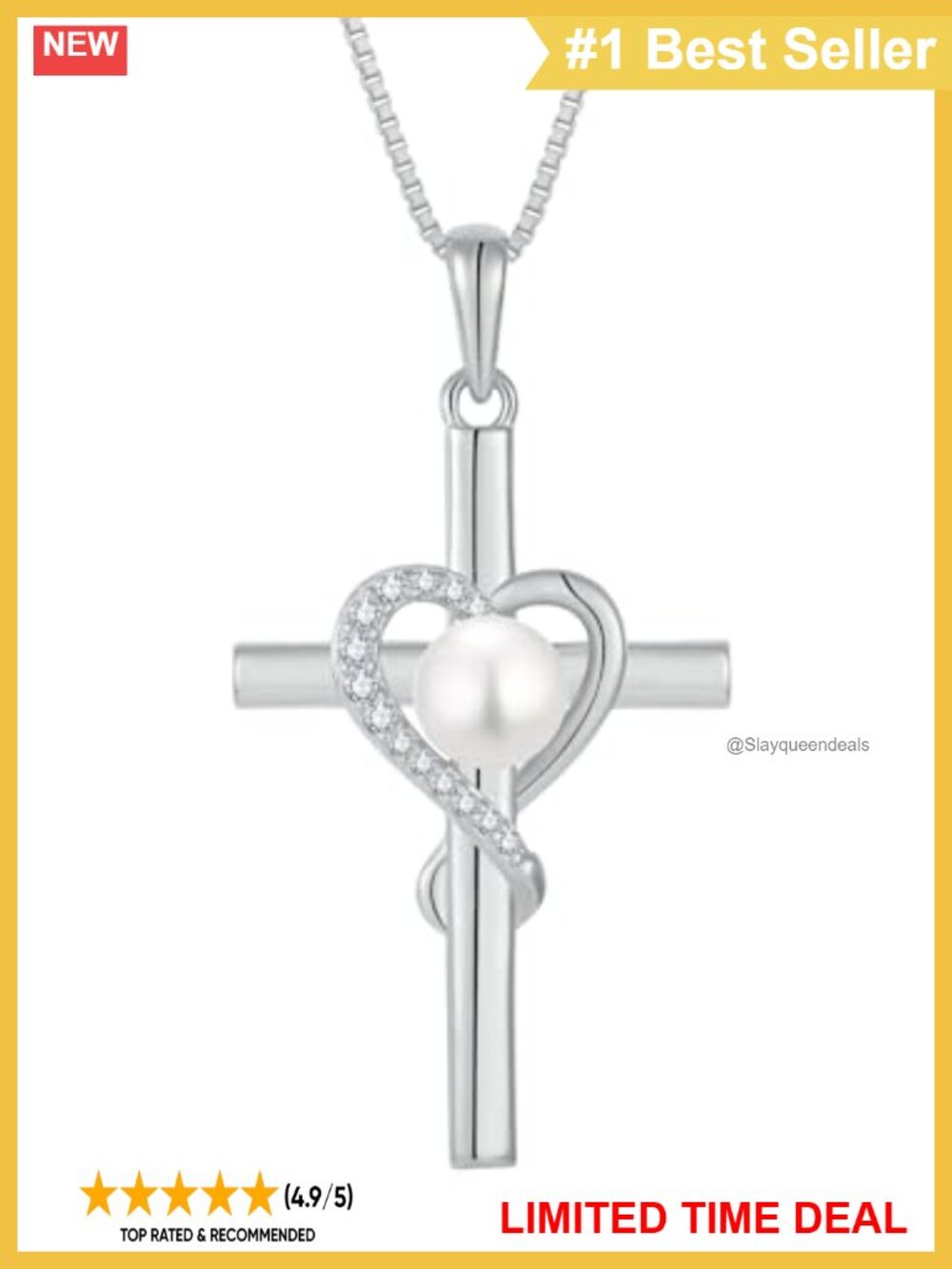 Sterling Silver Pearl Cross Necklace White Gold Plated Pendant Necklace